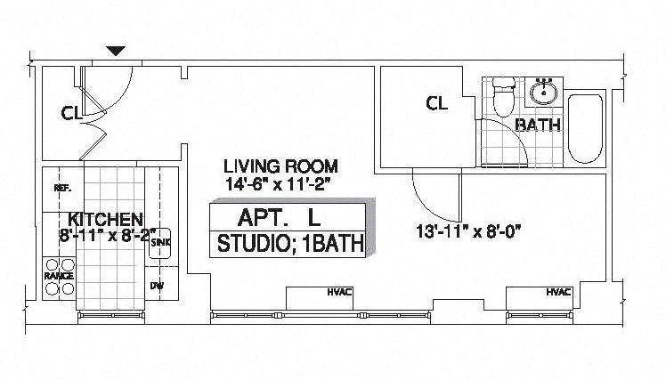 Floor plan for studio, 1 bath, 570 sqft